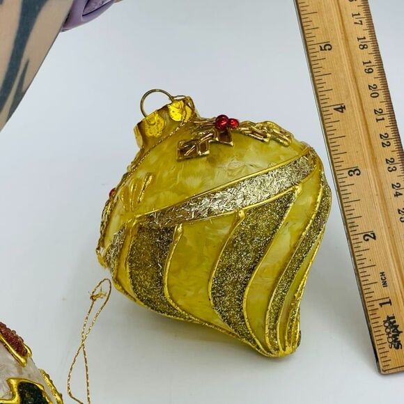 4 Embellished Frosted Glass Christmas Ornaments Elongated Poinsettia Holly Gold - Picture 7 of 11